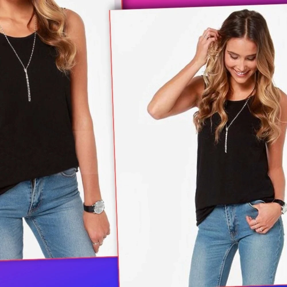 Black Deep V Back Tank Top | Open Back Casual Sleeveless Top | Soft Stretch - Picture 4 of 7